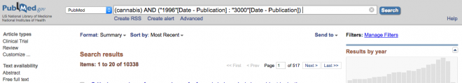 Search results from PubMed database showing 19,338 papers on the search term "cannabis"